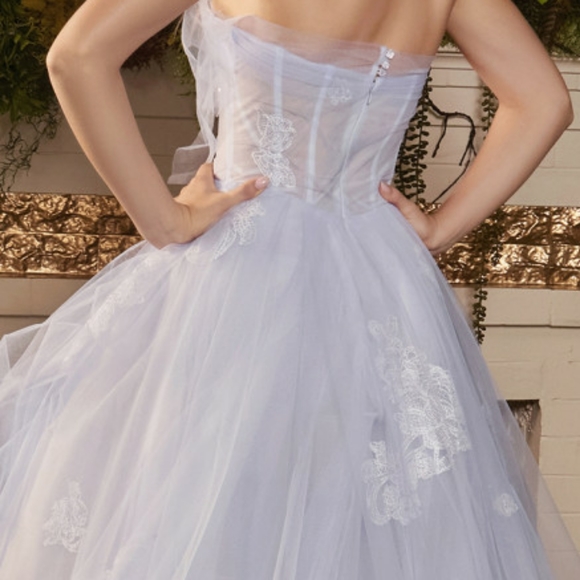 New long blue strapless corset lace applique layered tulle dress - Picture 6 of 7